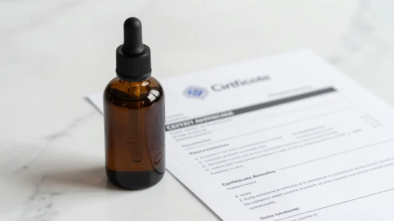 Tmavá skleněná tuba s certifikátem analýzy, symbolizující kvalitu a průhlednost produktu.