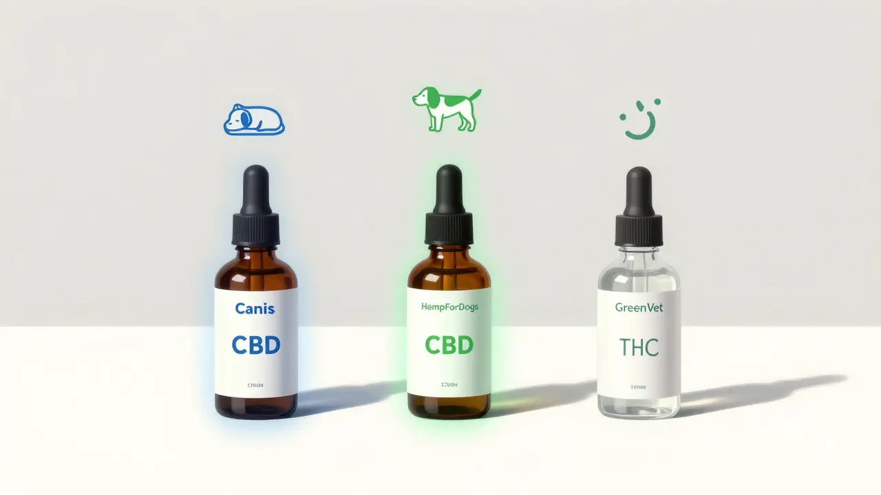 Tři CBD produkty pro psy s vizualizací jejich unikátních vlastností a výhod.