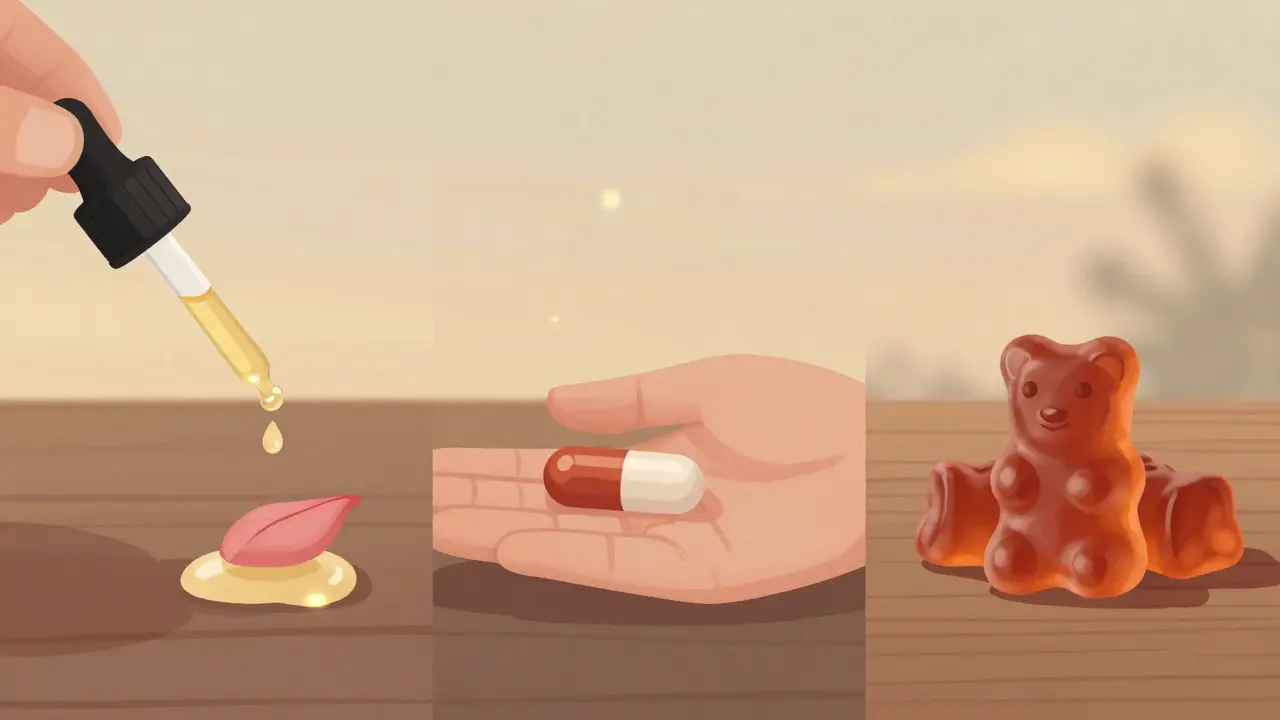 Tři formy CBN: kapky, kapsle a žvýkačky, zobrazeny v přírodním světle.