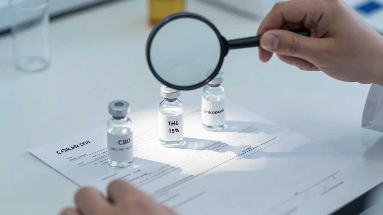 Tři lahvičky s kanabinoidy na laboratorním stole s certifikátem COA
