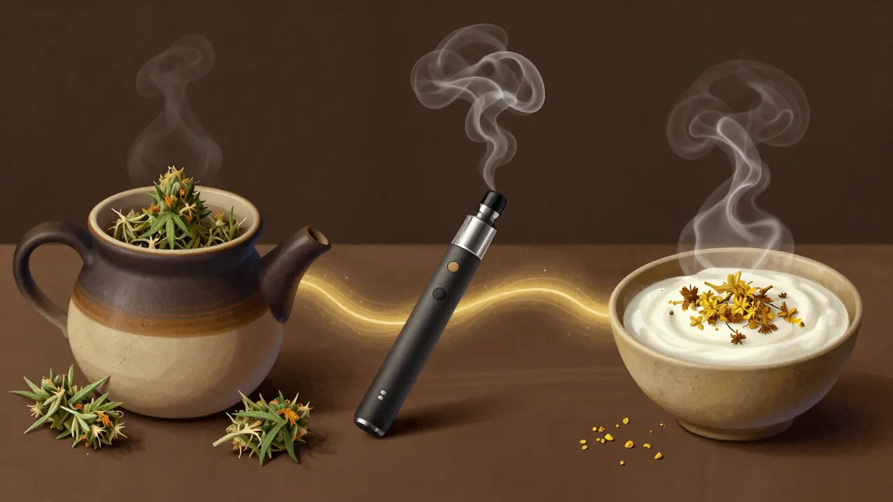 Tři způsoby užívání CBD květů: čaj, parení a přidávání do jídla v klidném prostředí.