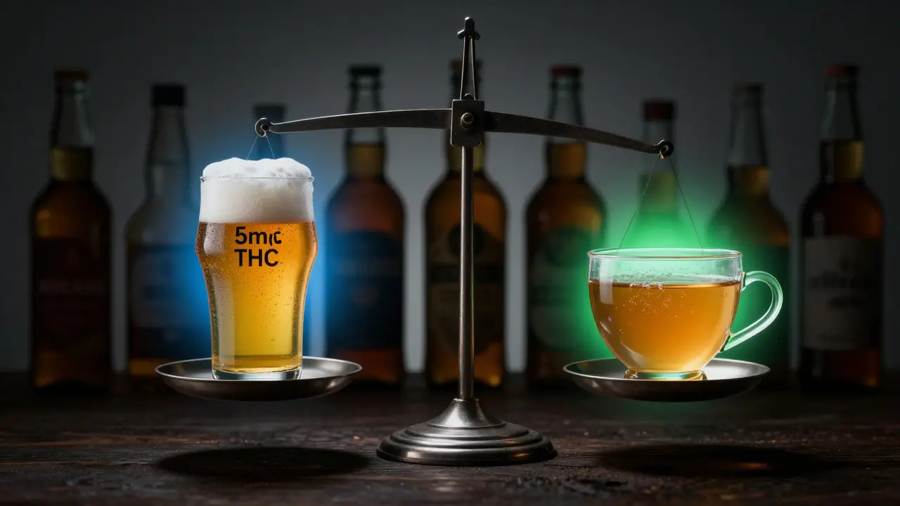Váha s cannabis pivem a CBD čajem, zatímco alkoholové lahve mizí v stínu.