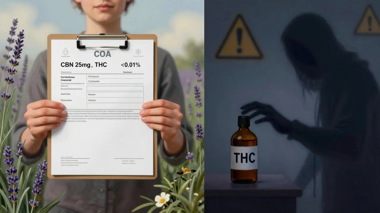 Vlevo: člověk drží laboratorní certifikát CBN s přírodními prvky, vpravo: stínová postava s THC a varovnými značkami.