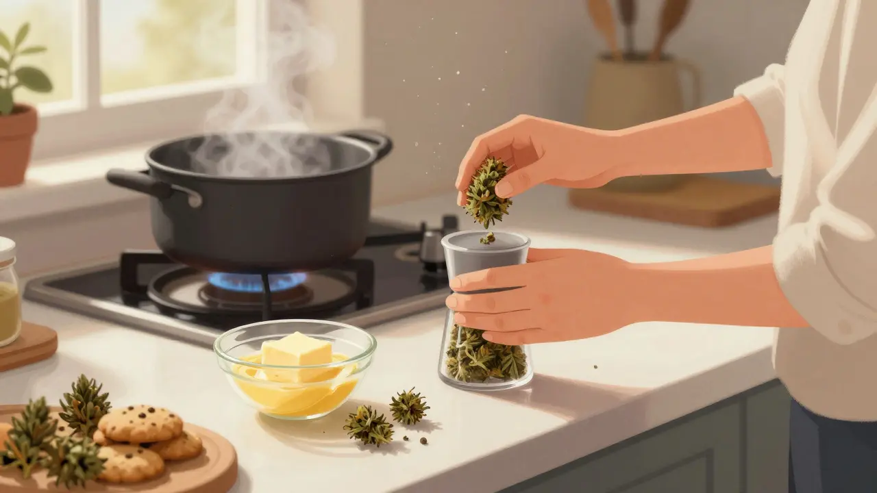 Žena připravuje konopné sušenky v kuchyni, rozdrcená malá poupata se míchají s máslem.