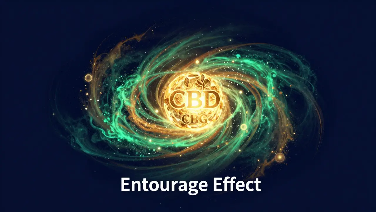 Abstraktní ilustrace efektu entourage s CBD a barevnými terpeny.