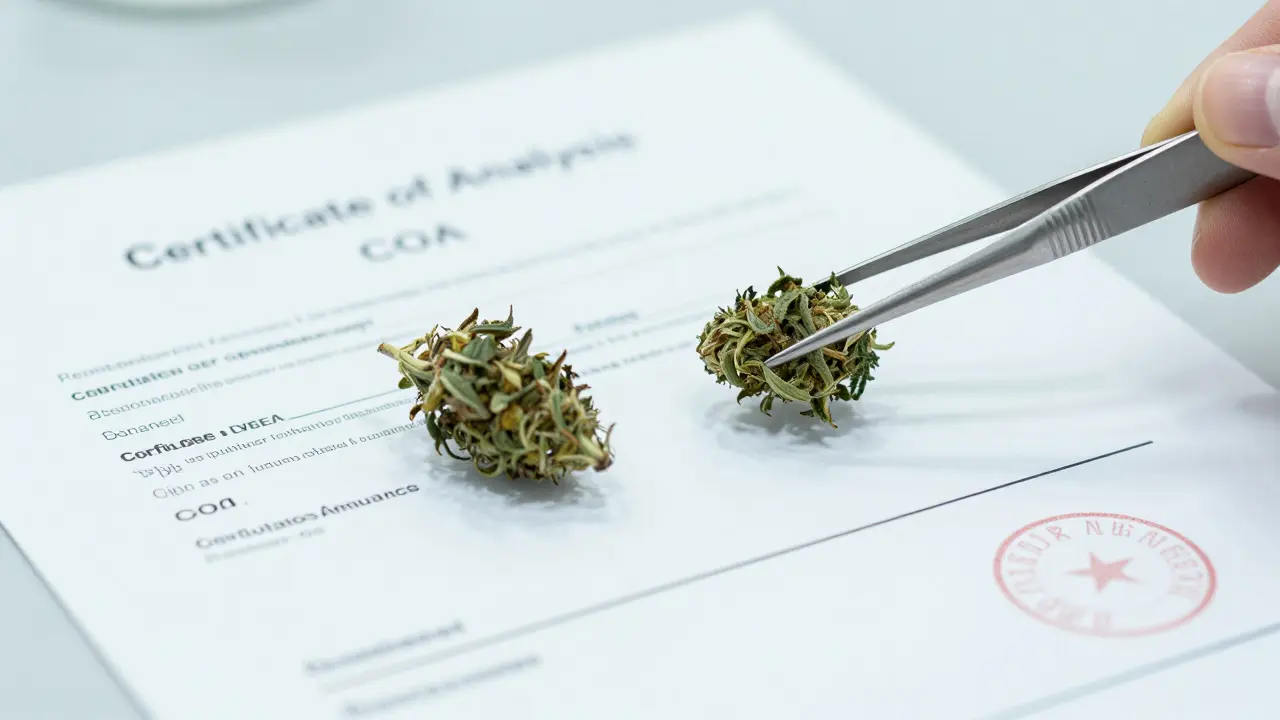 CBD květ vedle laboratorní analýzy COA v sterilním prostředí