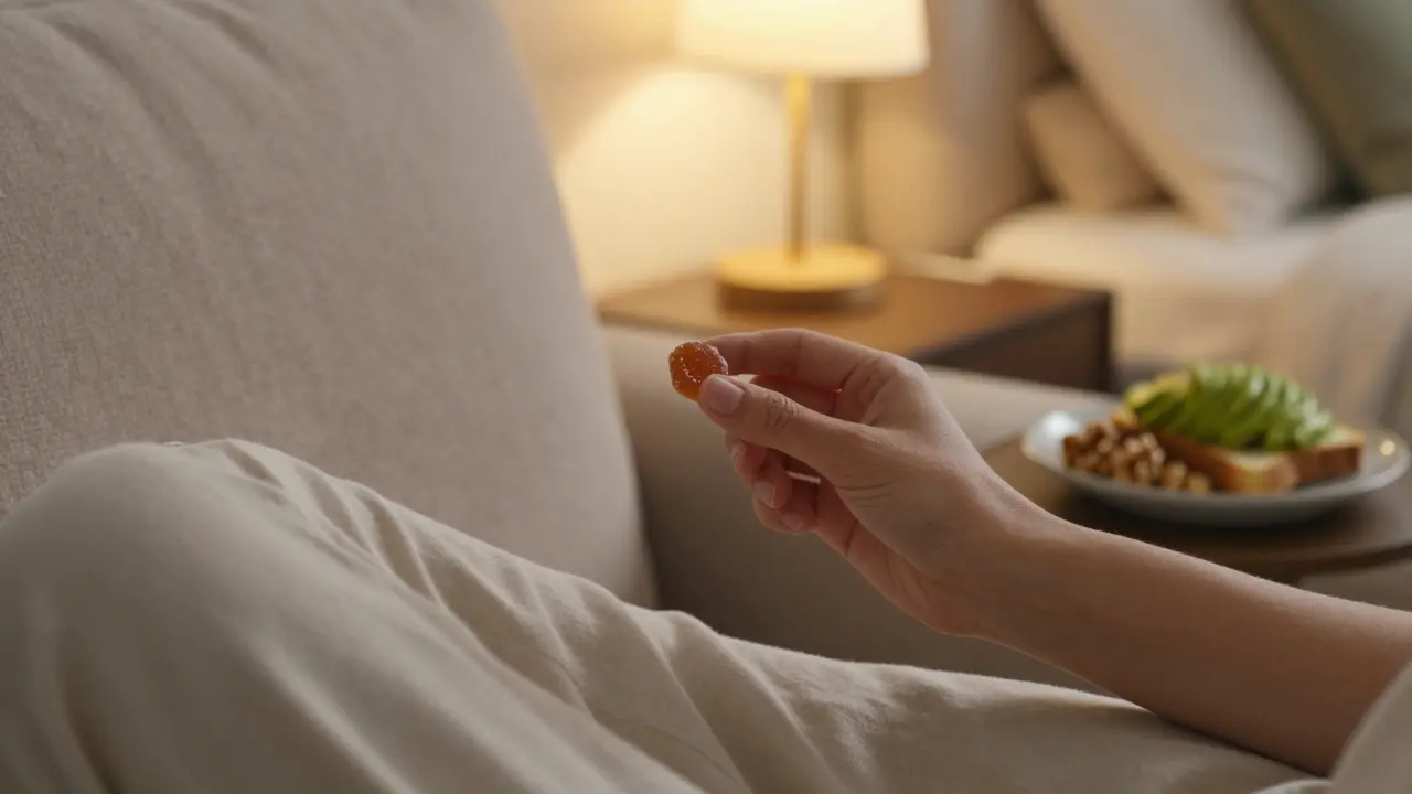 Člověk s CBD bonbonem v ruce v útulném domácím prostředí s ančovádovým toastem.