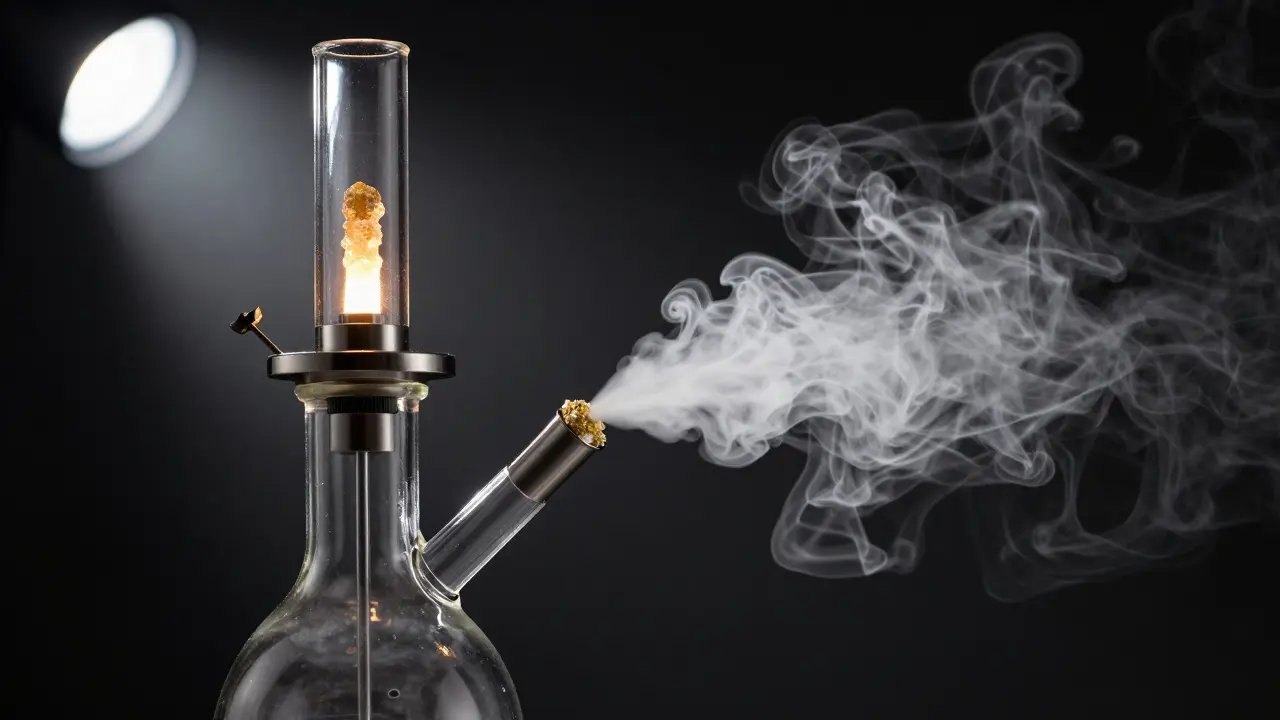 Detailní záběr na dabbing zařízení s vypařujícím se koncentrátem CBD shatter.