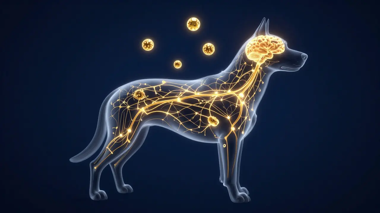 Ilustrace endocannabinoidního systému psa s molekulami CBD