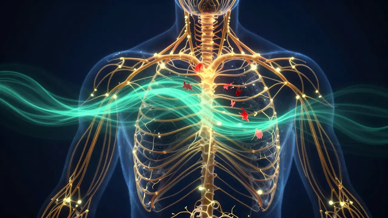Ilustrace nervové soustavy s uklidňujícím zeleným světlem symbolizujícím modulaci stresu.
