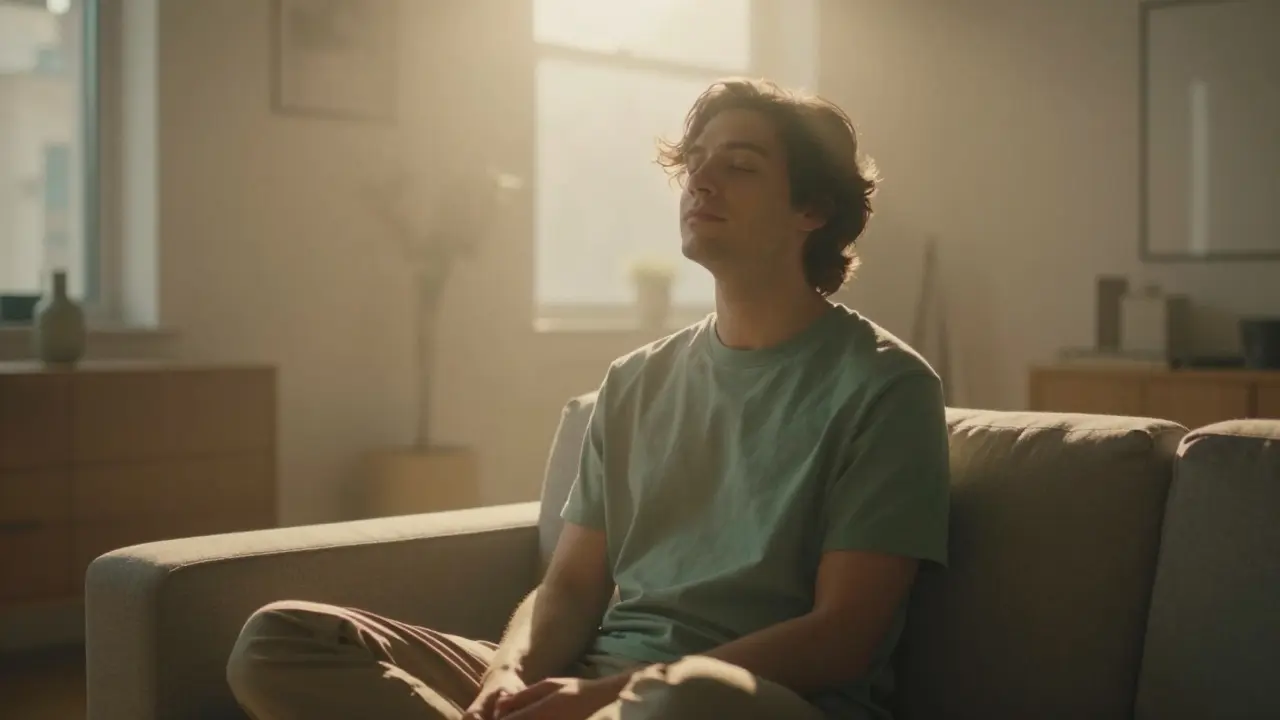 Klidná osoba v slunečném obývacím pokoji obklopená zlatou svitou relaxace.