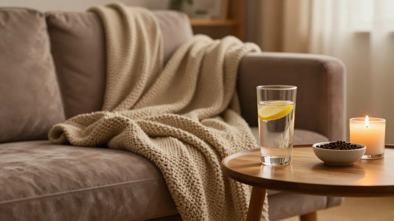 Klidné domácí prostředí s vodou a citronem pro relaxaci.