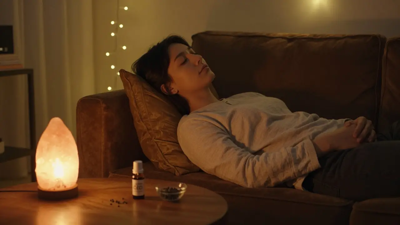 Klidně relaxující osoba na pohováči v teple osvětleném pokoji s CBD olejem.