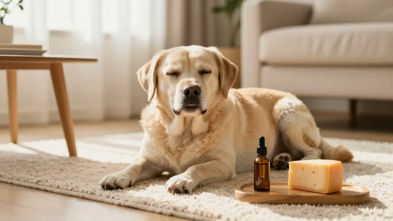 Klidný starý pes odpočívající v obývacím pokoji vedle lahvičky CBD