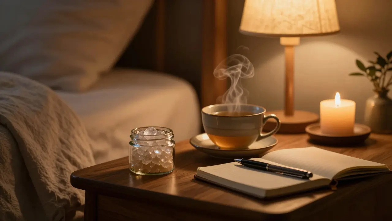 Klidný večerní rituál s CBD krystaly, šálkem čaje a deníčkem na stole.