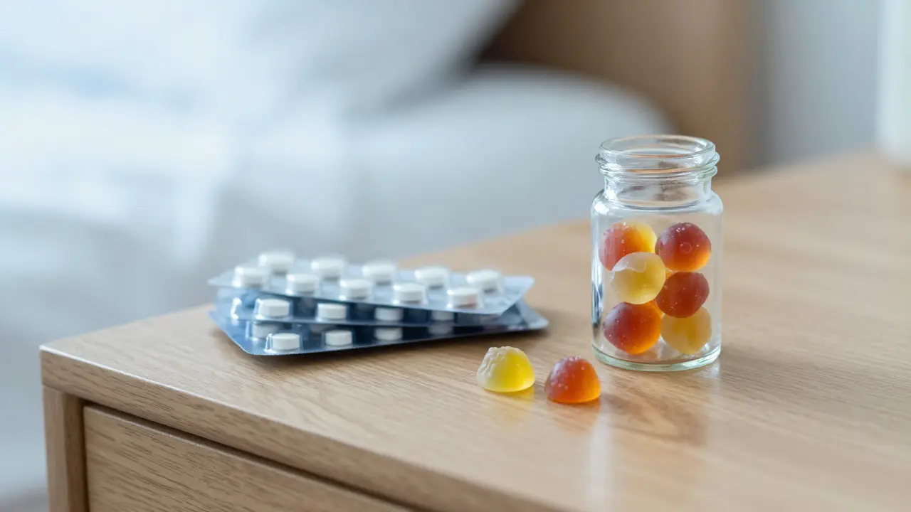 Kombinace léků a CBD bonbonků na nočním stolku.