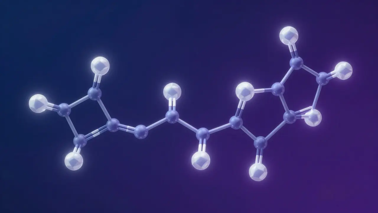 Konceptuální 3D model molekuly THCP s dlouhým bočním řetězcem.