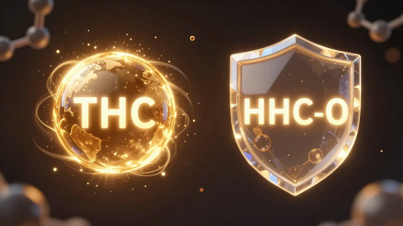 Konceptuální 3D model znázornující rozdíl mezi molekulami Delta 9 THC a HHC-O.