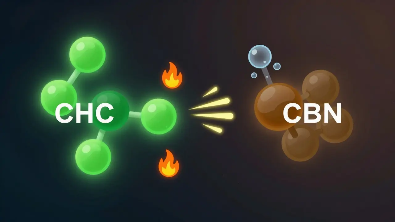 Konceptuální ilustrace degradace THC na CBN vlivem tepla a světla.