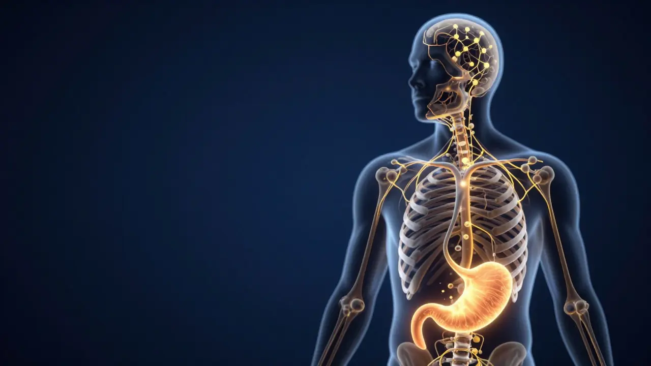 Konceptuální ilustrace vstřebávání CBD a aktivace receptorů v lidském těle.