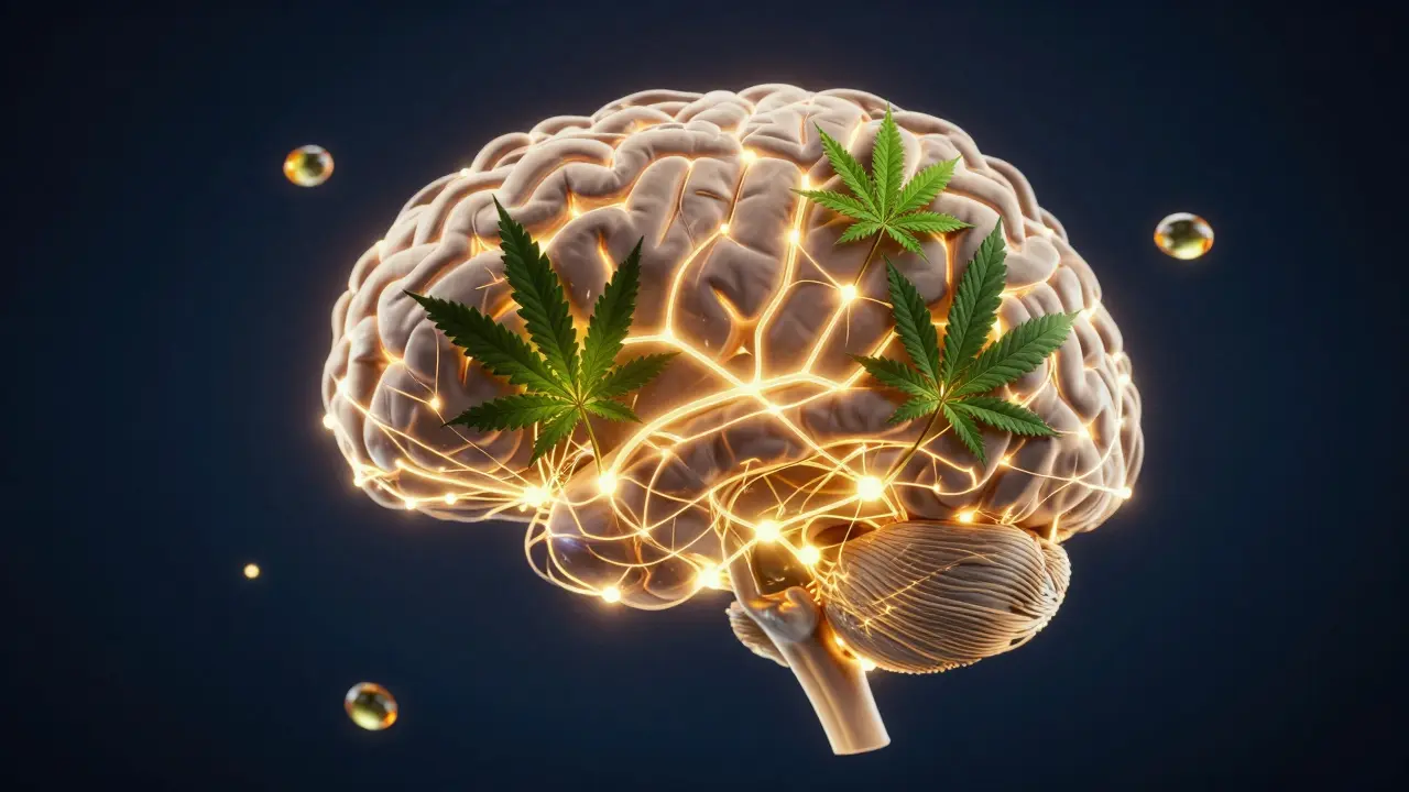 Konceptuální znázornení lidského mozku s rozsvícenými neurony a prvky konopí.