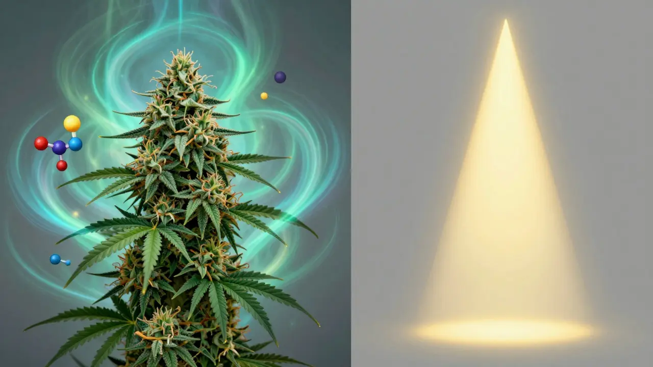 Konceptuální zobrazení synergie terpenů u květu oproti izolovanému účinku distilátu.