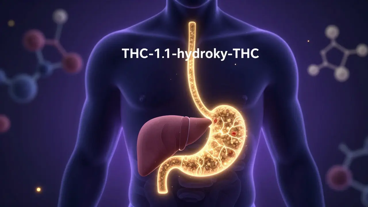 Konceptuální zobrazení vstřebávání konopných bonbonů v těle.