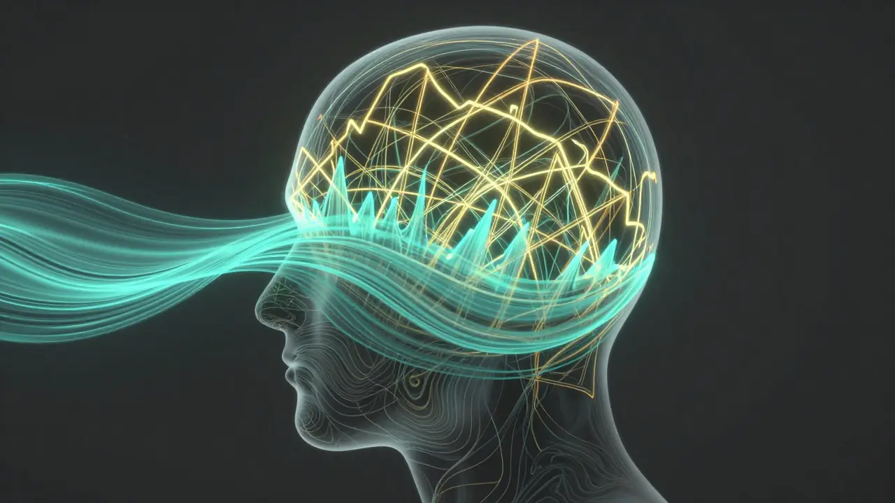 Konceptuální zobrazení zklidnění mysli a potlačení stresu pomocí vln v hlavě.