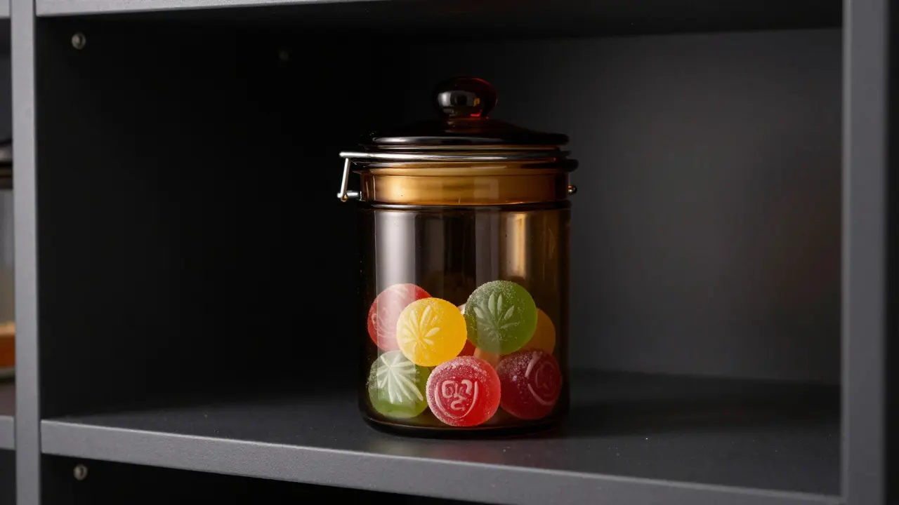 Konopné cukrovinky skladované v tmavé vzduchotěsné sklenici.