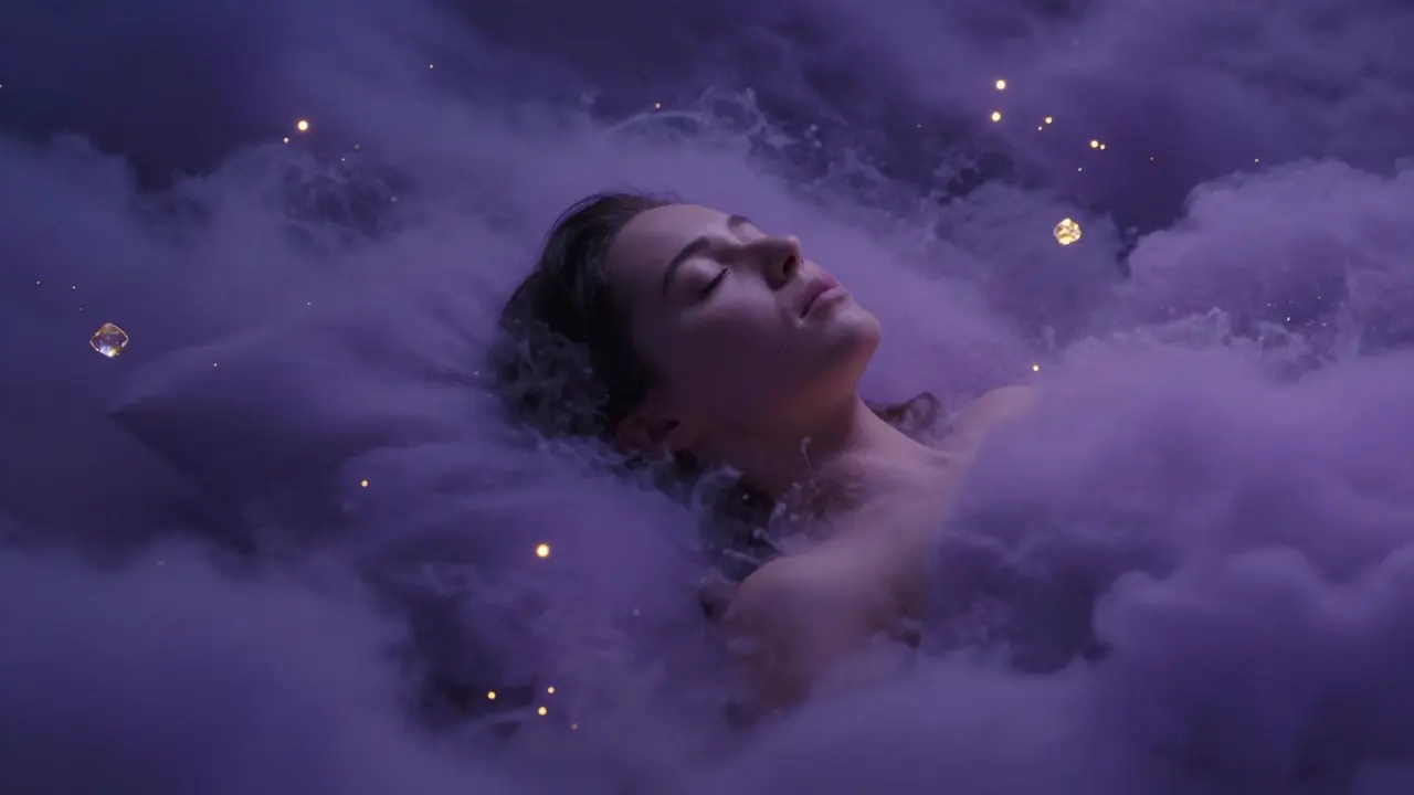 Kresba osoby v hlubokém spánku obklopené zlatými světelnými částicemi.