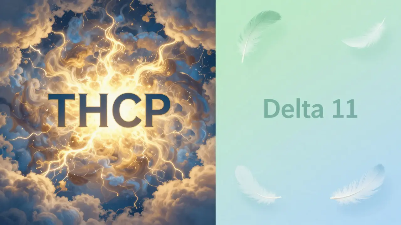 Kresba srovnávající intenzivní euforii THCP a jemnou relaxaci Delta 11.