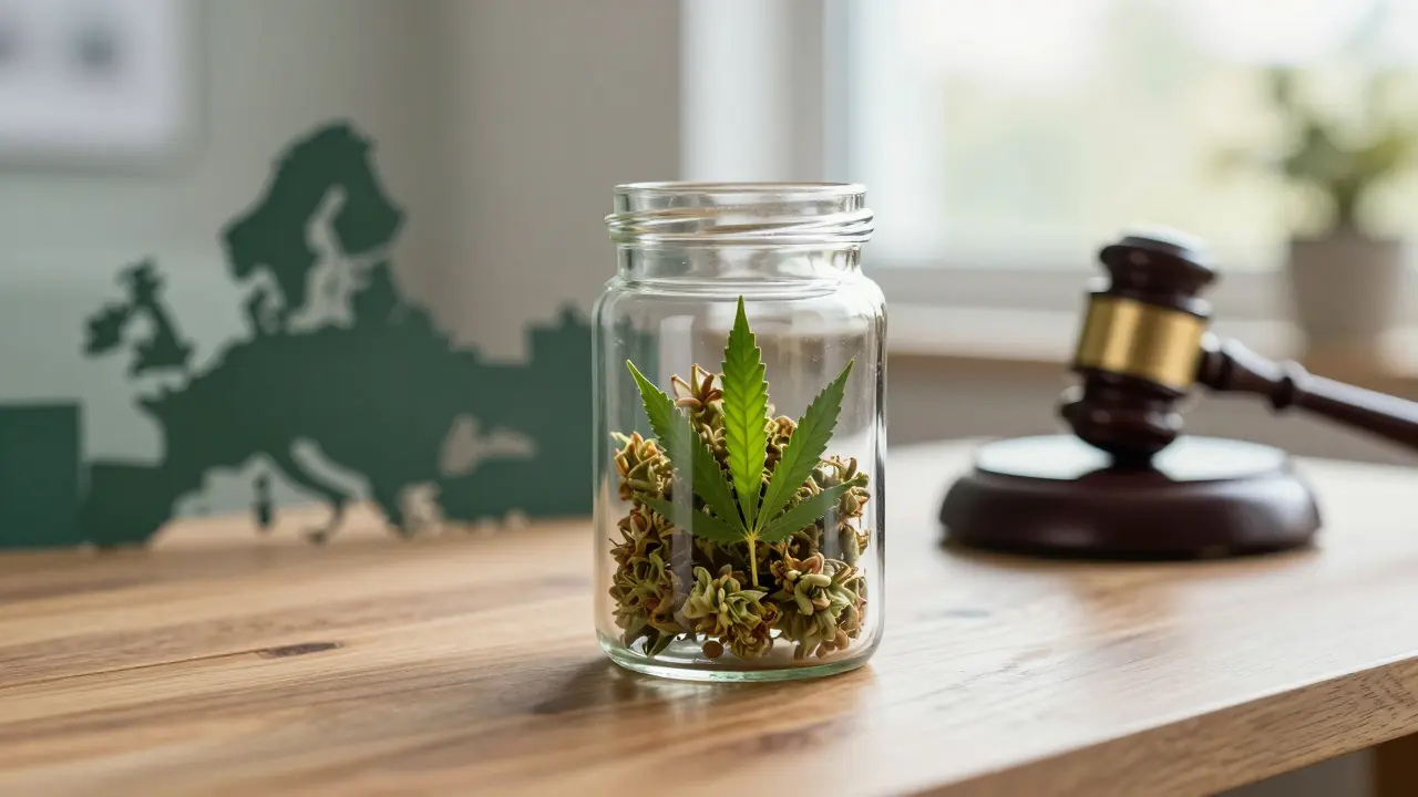 Kvalitní CBD květ v moderním skleněnémz kontejneru s náznakem práva