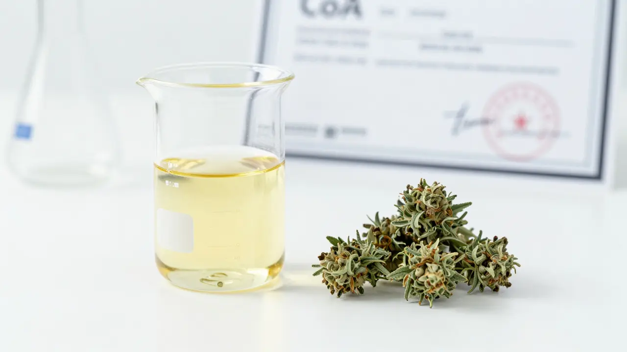 Laboratorní detail zlatého HHC oleje a konopných květů s certifikátem v pozadí.