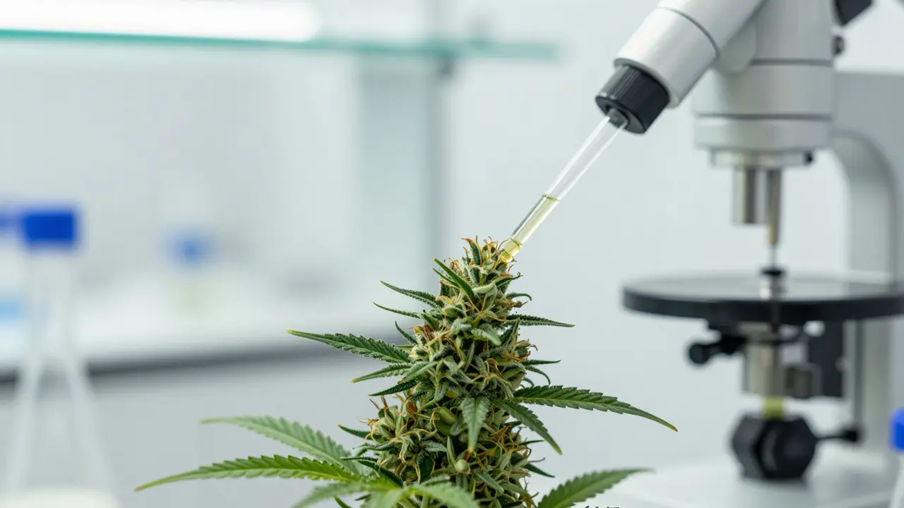 Laboratorní proces jemného rozprašování HHC distilátu na zelený konopný květ.