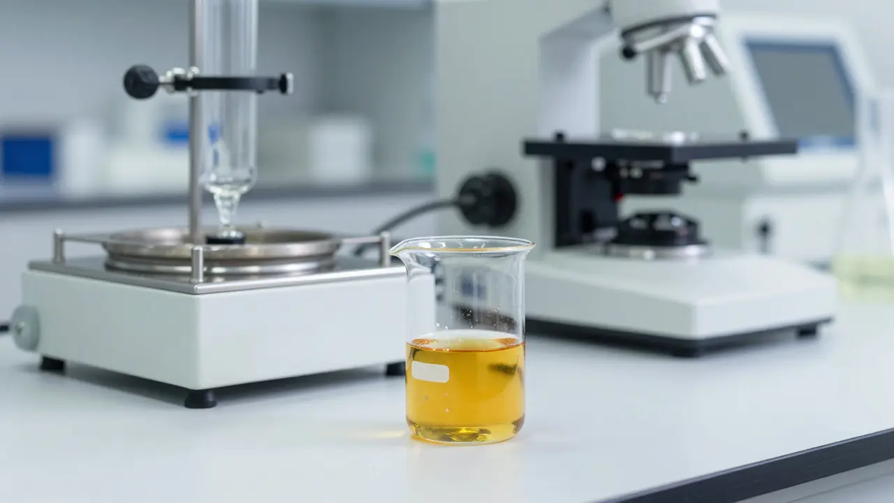 Laboratorní prostředí s čistým zlatým kanabinoidním izolátem v kádínku.