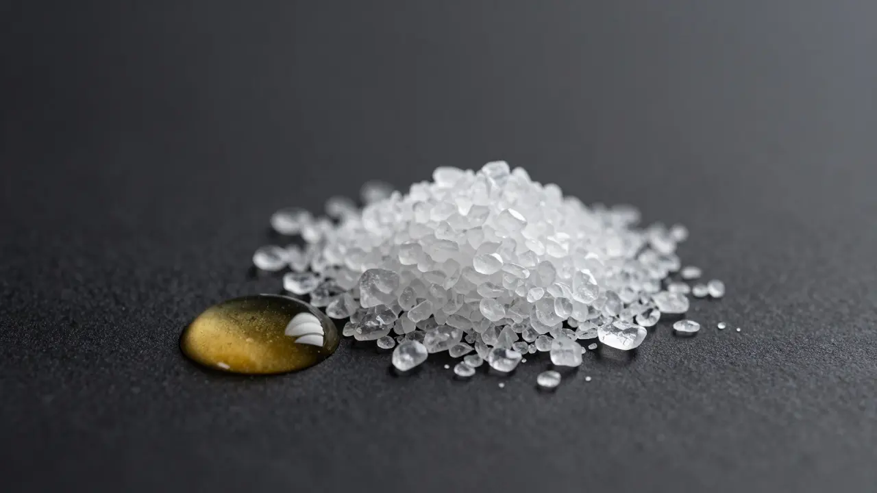 Makro detail čistých CBD krystalů a zlaté kapky oleje na černém povrchu.