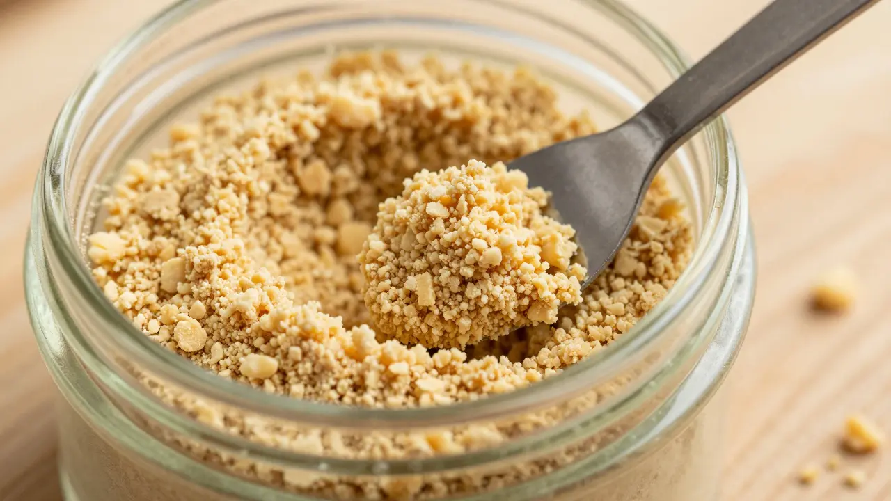 Matný CBD crumble s texturou drobenky v malé skleněné nádobce s kovovou lopatkou.