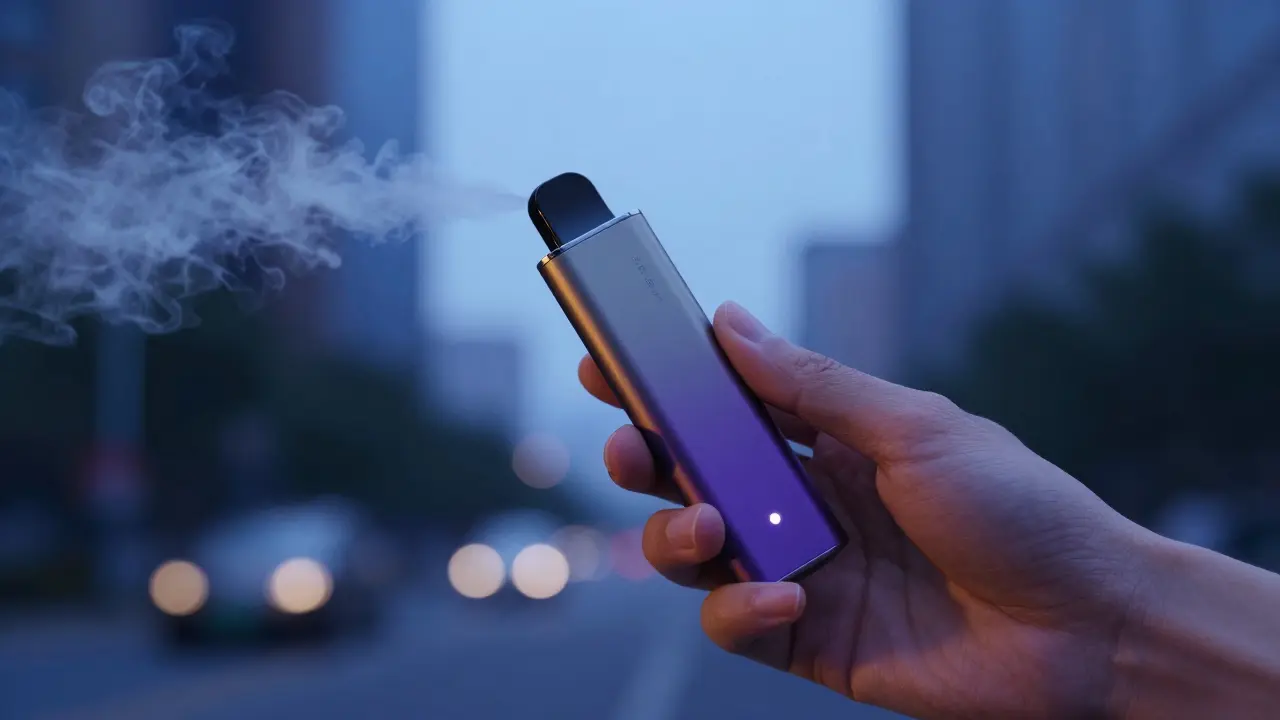 Moderní vape pen v ruce s jemným mrakem páry v městském prostředí za soumraku.