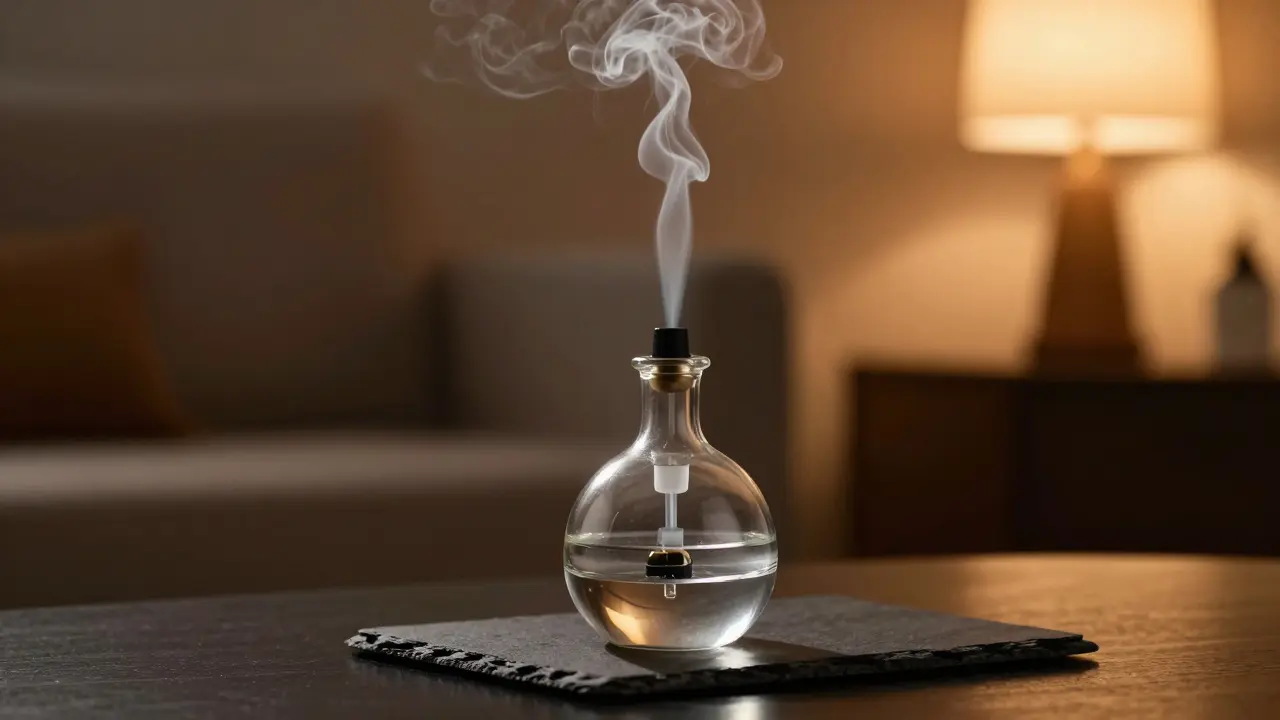 Moderní vaper s jemným proudem páry v útulném interiéru.