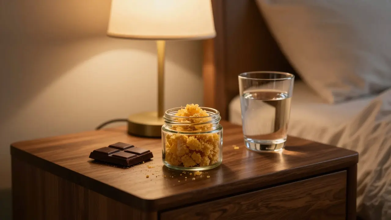 Noční stolek s CBD crumble a čokoládou v útulné ložnici.
