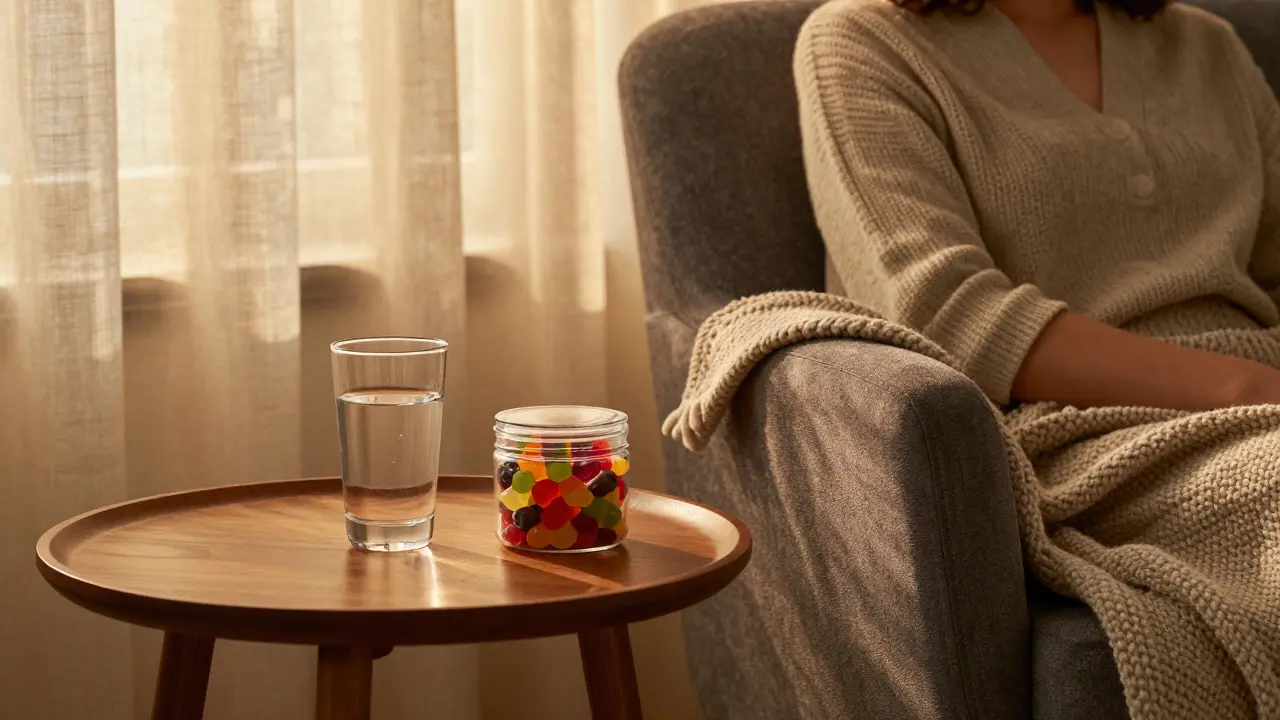 Odpočívající osoba s pohárem vody a konopnými bonbony v útulném prostředí.