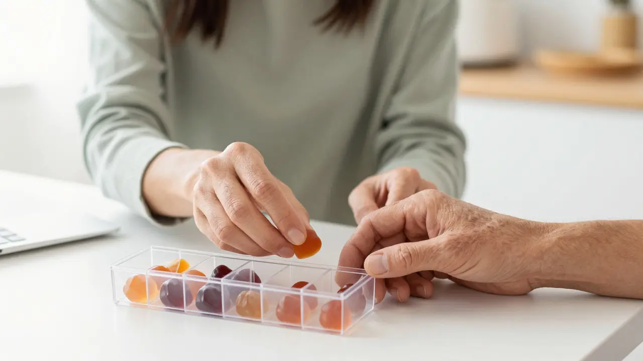 Pečovatel pomáhá seniorovi s dávkováním CBD bonbonku.