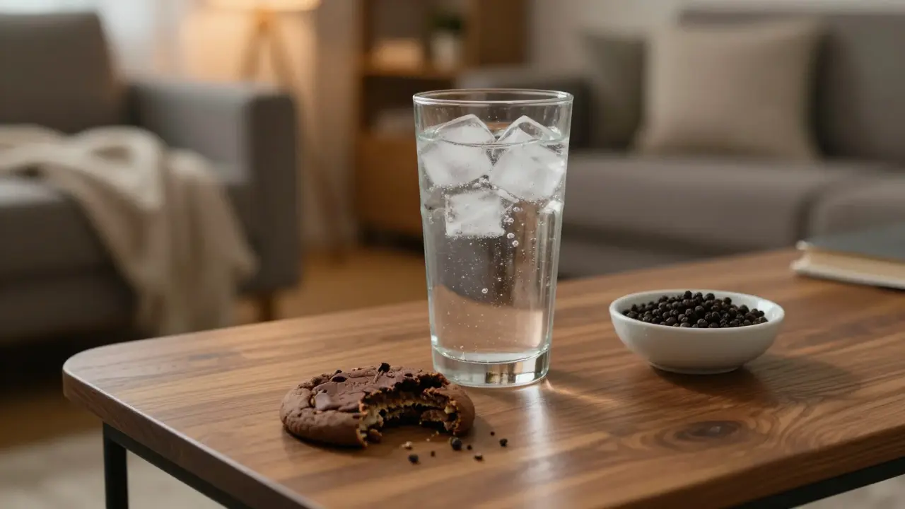 Polovina sušenky, sklenice vody a pepř na stole v útulném obývacím pokoji.