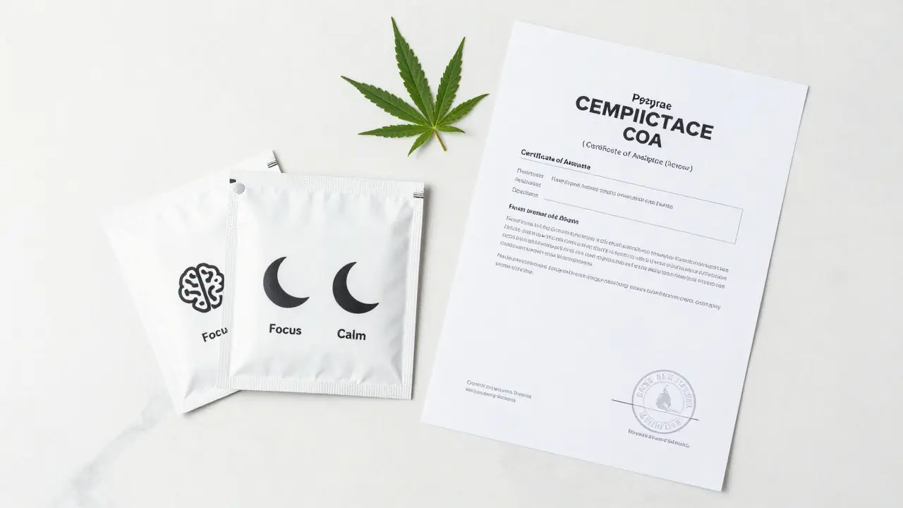 Sada personalizovaných konopných žvýkaček s certifikátem analýzy.