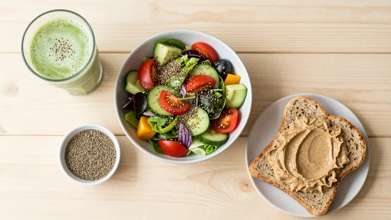 Sestava zdravých jídel s konopnými semínky, včetně smoothie a salátu na dřevěném stole.