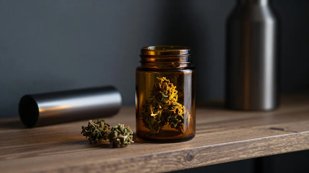 Skladování konopných květů v tmavé skleněné kádince v chladném prostředí.