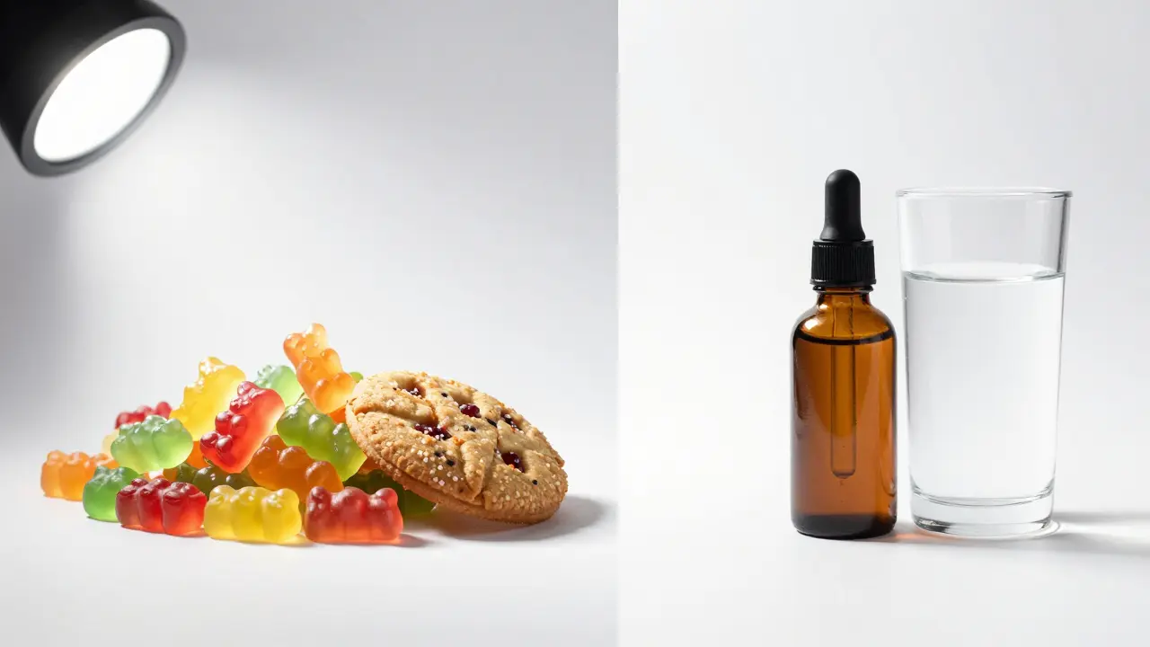 Srovnání cukrových želé bonbonů s čistým CBD olejem v kapkách.