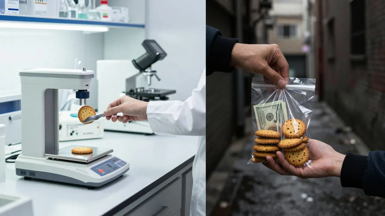 Srovnání sterilní laboratoře a nelegálního obchodu s konopnými sladkystmi.