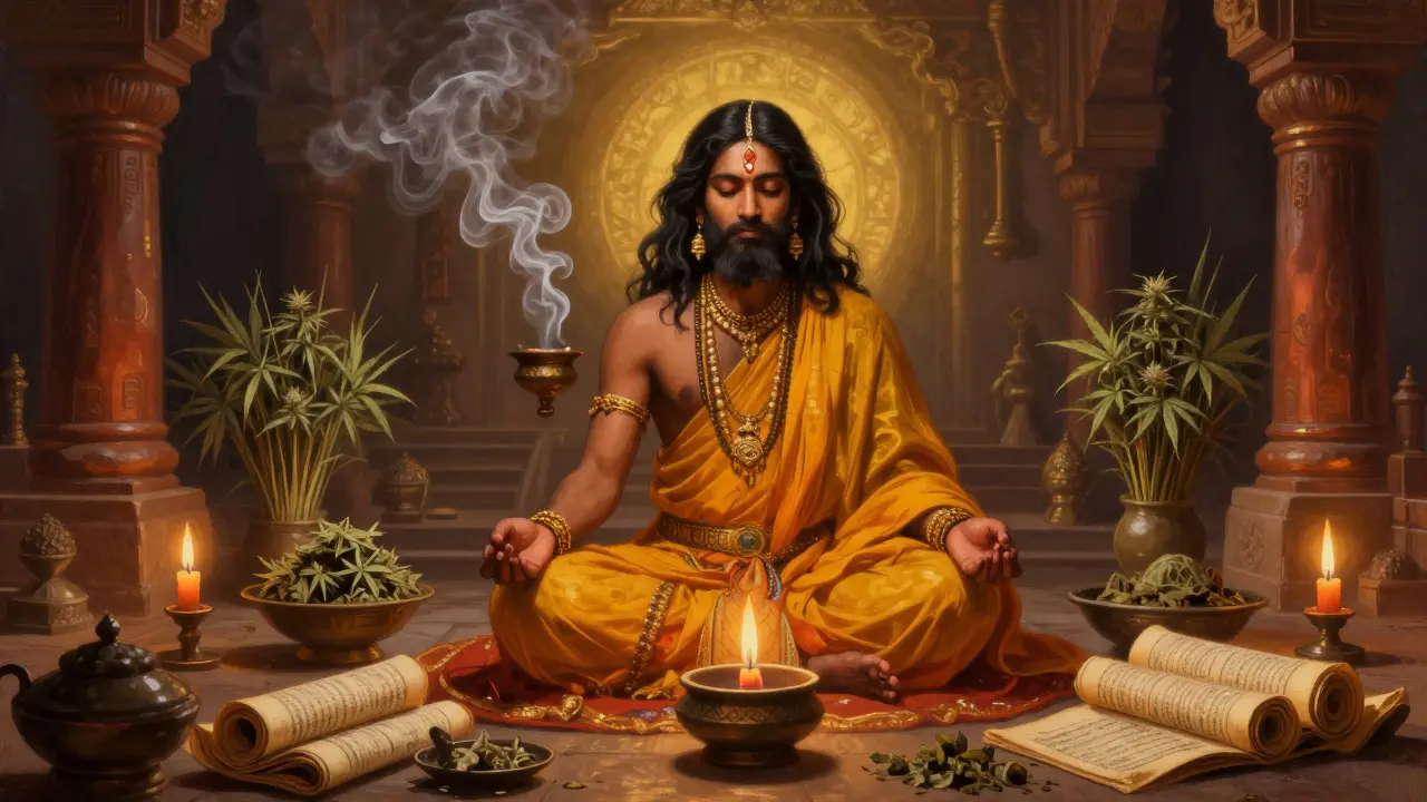 Starověký indický šaman v meditaci s bylinami a kouřem.