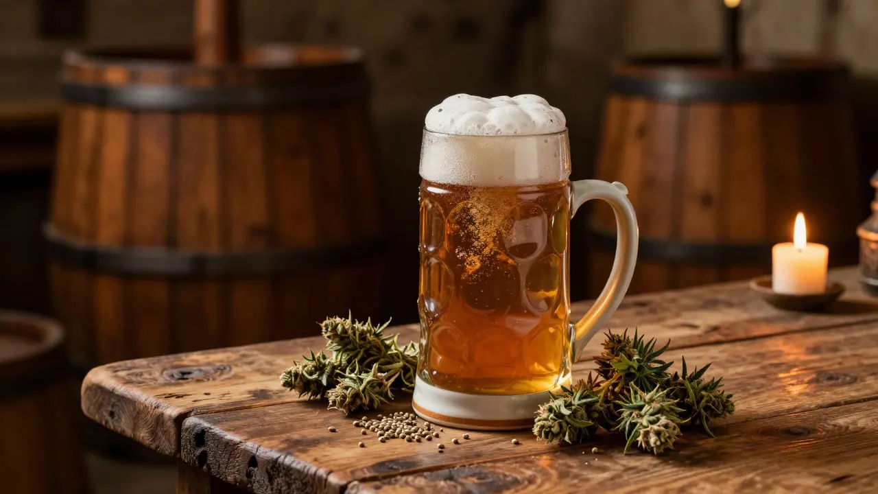 Středověký keramický půjík s pivem a konopnými květy na stole.